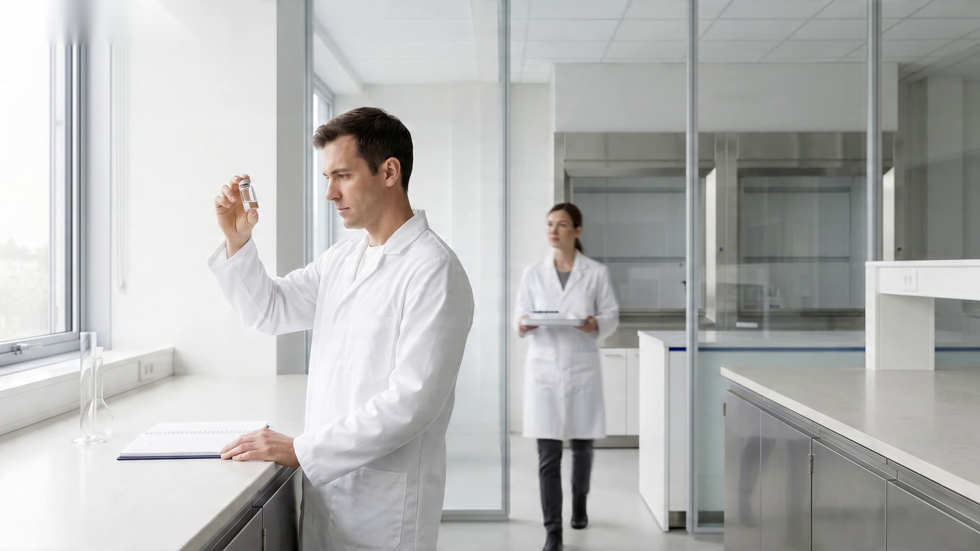 Científica de Biogenesis trabajando en laboratorio editorial — modelos in vitro para evaluación de péptidos
