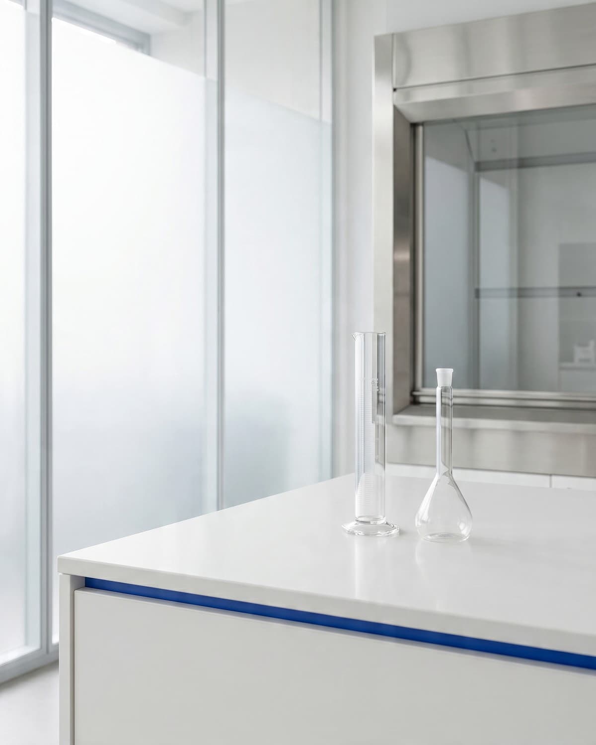 Puerta de acceso a un laboratorio de síntesis en espacio blanco e iluminado — plataforma Biogenesis Research, donde comienza cada compuesto