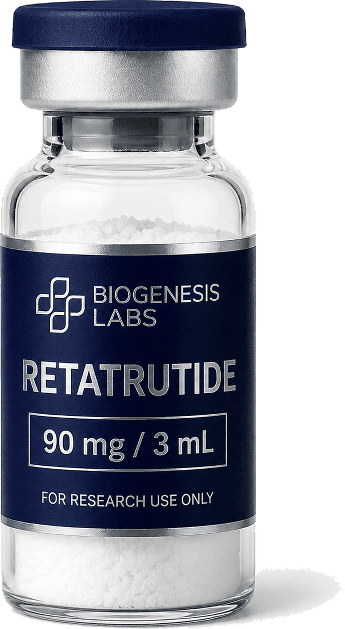 Biogenesis Labs 的 Retatrutide 90 mg / 3 mL 透明玻璃西林瓶,瓶底压实着白色冻干粉,配金属易撕铝盖与深藏青标签,标签上以白色印有 For Research Use Only 字样。